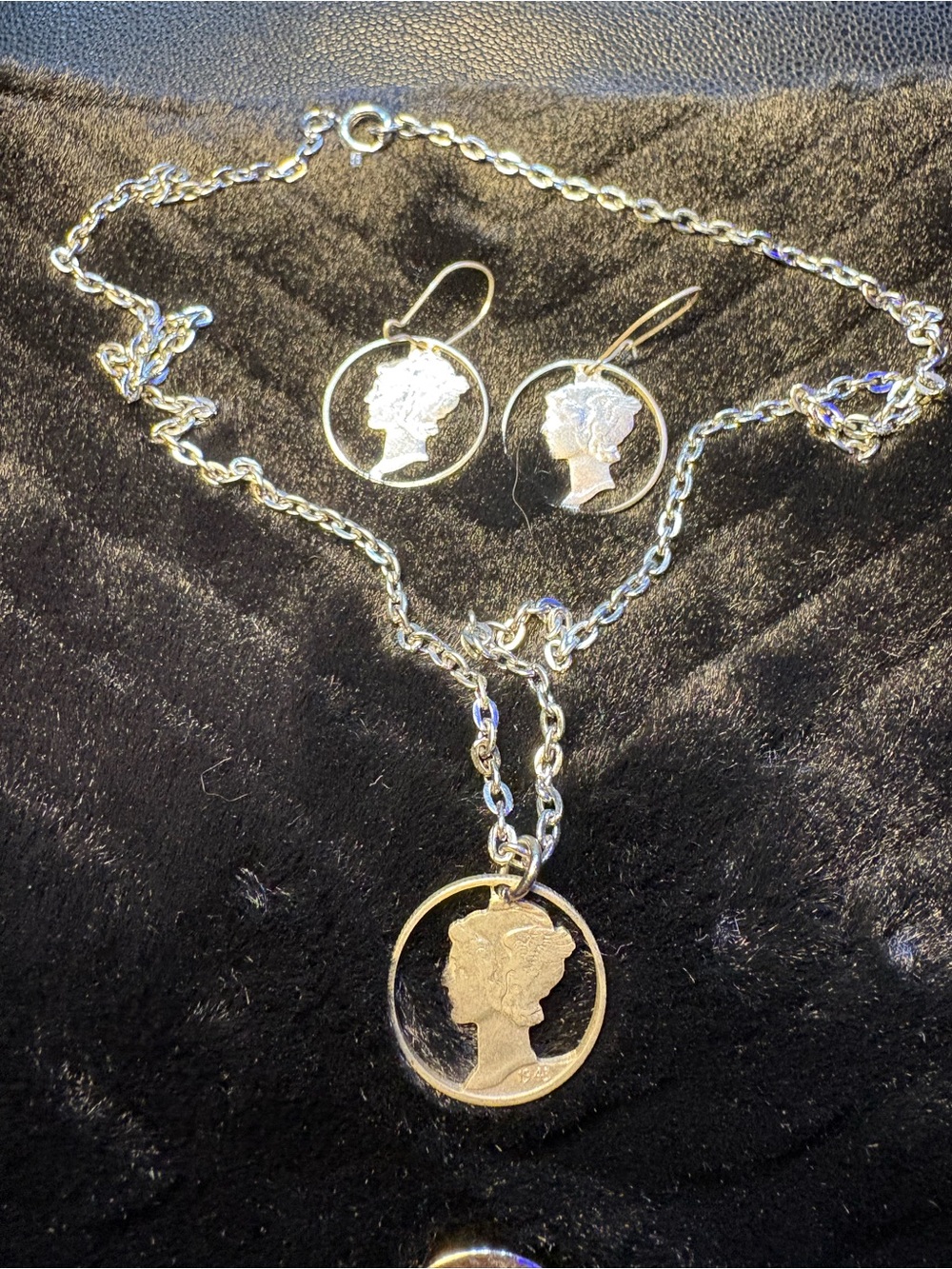 1943 Silver Dime Mercury Profile Coin Pendant Necklace and Earrings Set -VINTAGE